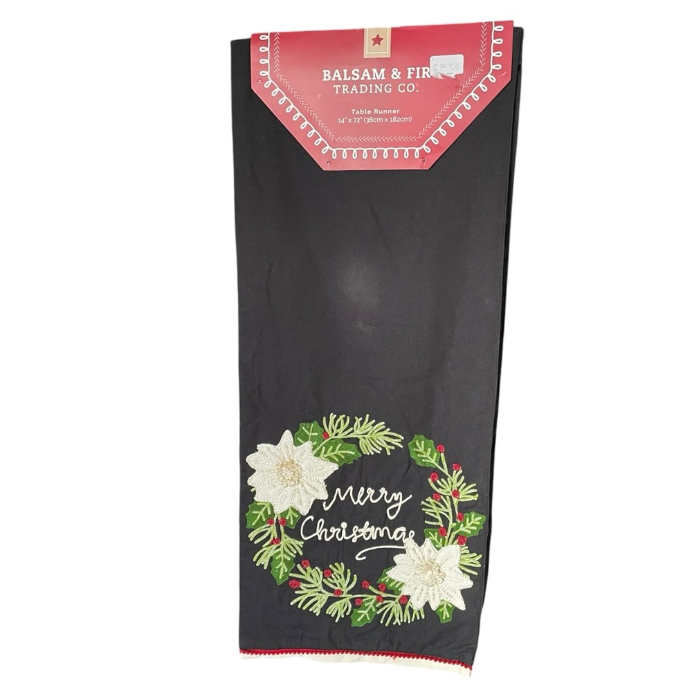 BALSAM & FIR TRADING CO Table Runner Christmas Black White Poinsettias 14x72